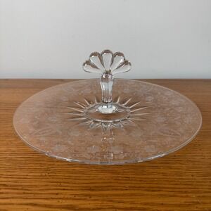 Paden City Glass Co Clear Glass Etched Floral Cornflower Cake Plate Tidbit